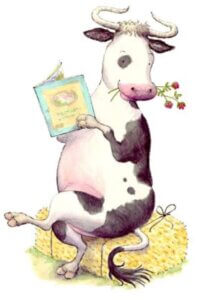 drawing of a cow reading a book