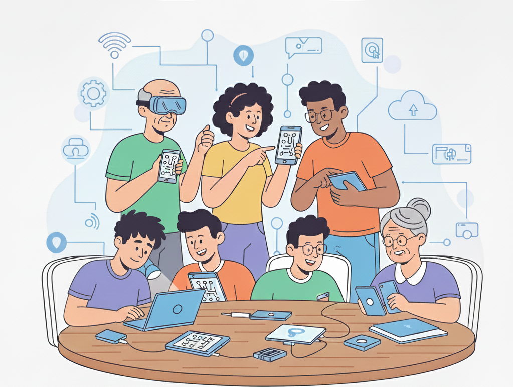 An AI-generated image of a group using various tech devices together.